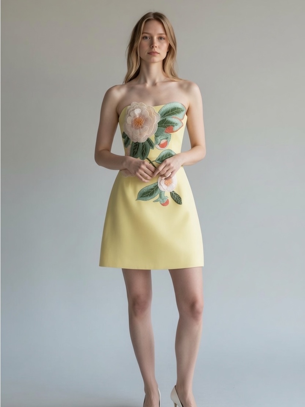 Strapless Yellow Floral Embroidered Mini Dress Size S NWT